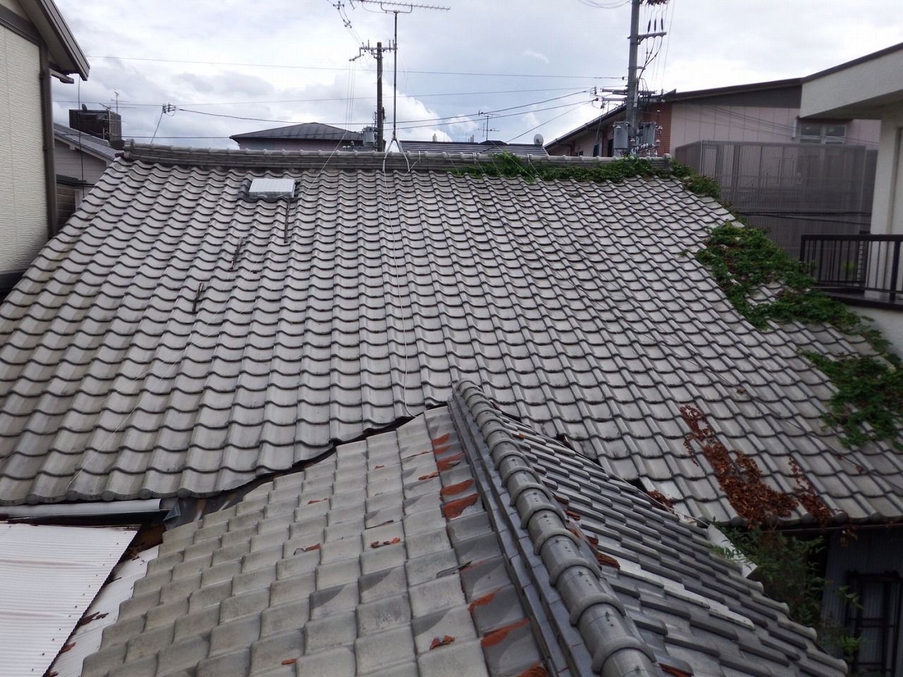 奈良市川久保町で空き家の雑草の生えた屋根